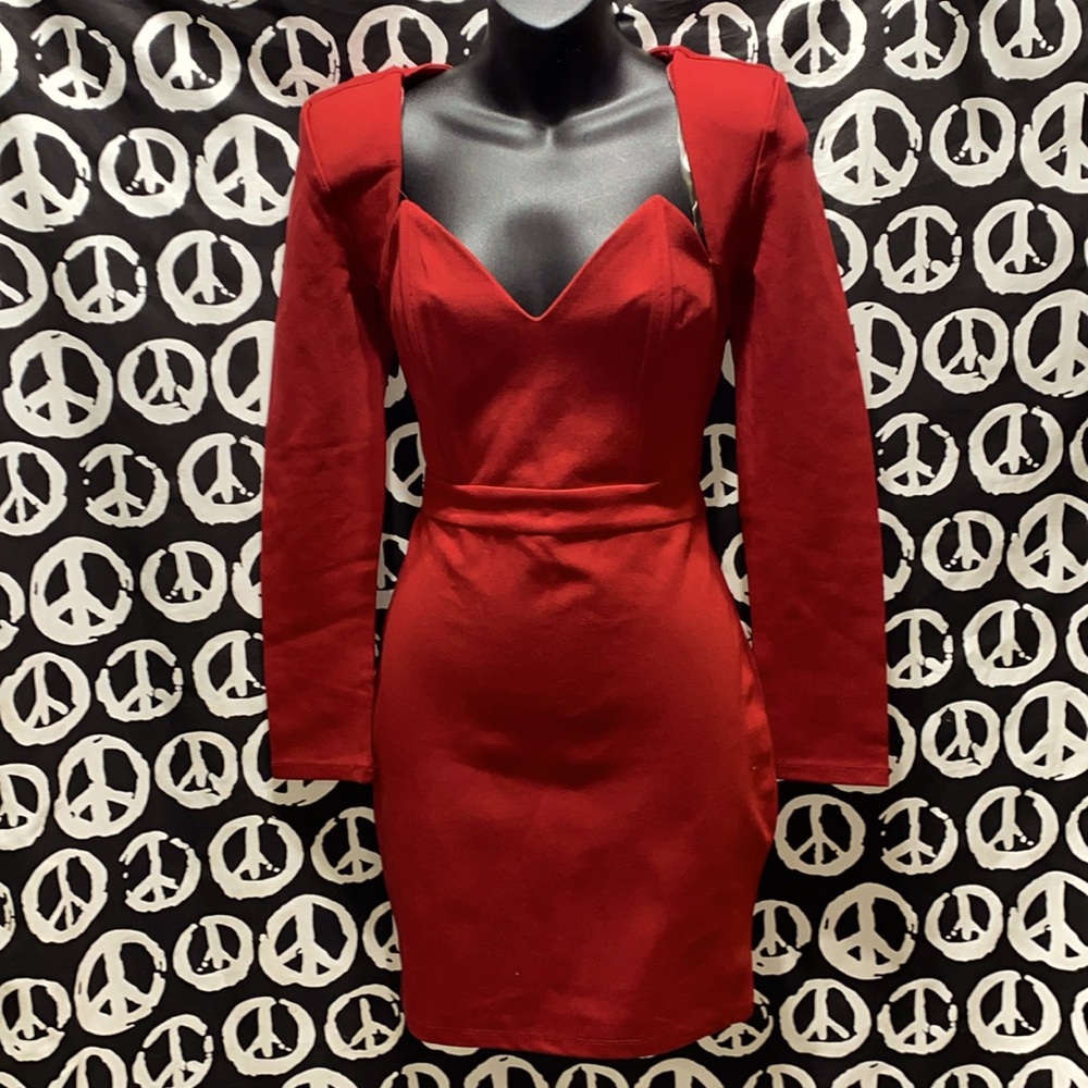 RED LONG SLEEVE DRESS REAR GOLD METAL ZIPPER POINTED BONED BREAST BODICES SZ M